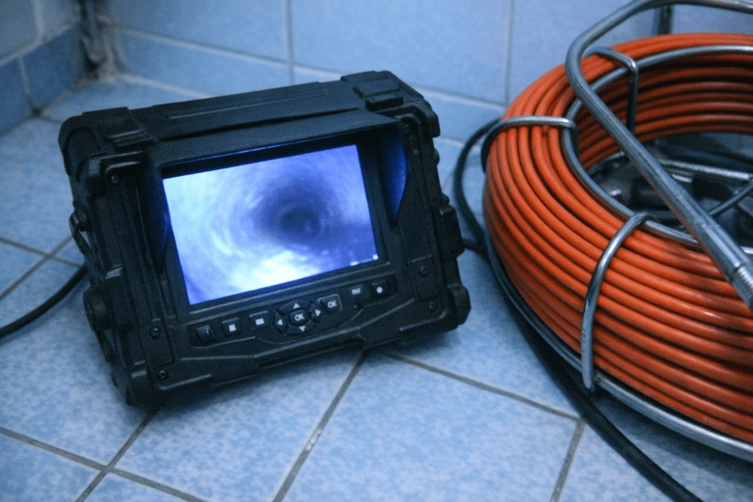 Auf einem Monitor ist die Kamerafahrt in einer Abwasserleitung zu sehen, daneben liegen gereinigte Werkzeugaufsätze