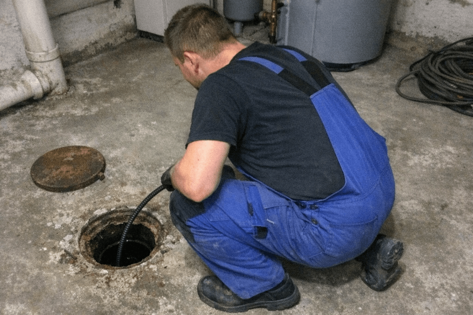 Techniker sitzt im Fahrzeug und bewertet eine Kamerabefahrung am Laptop, im Hintergrund sind Kabeltrommel und Schlauch zu sehen