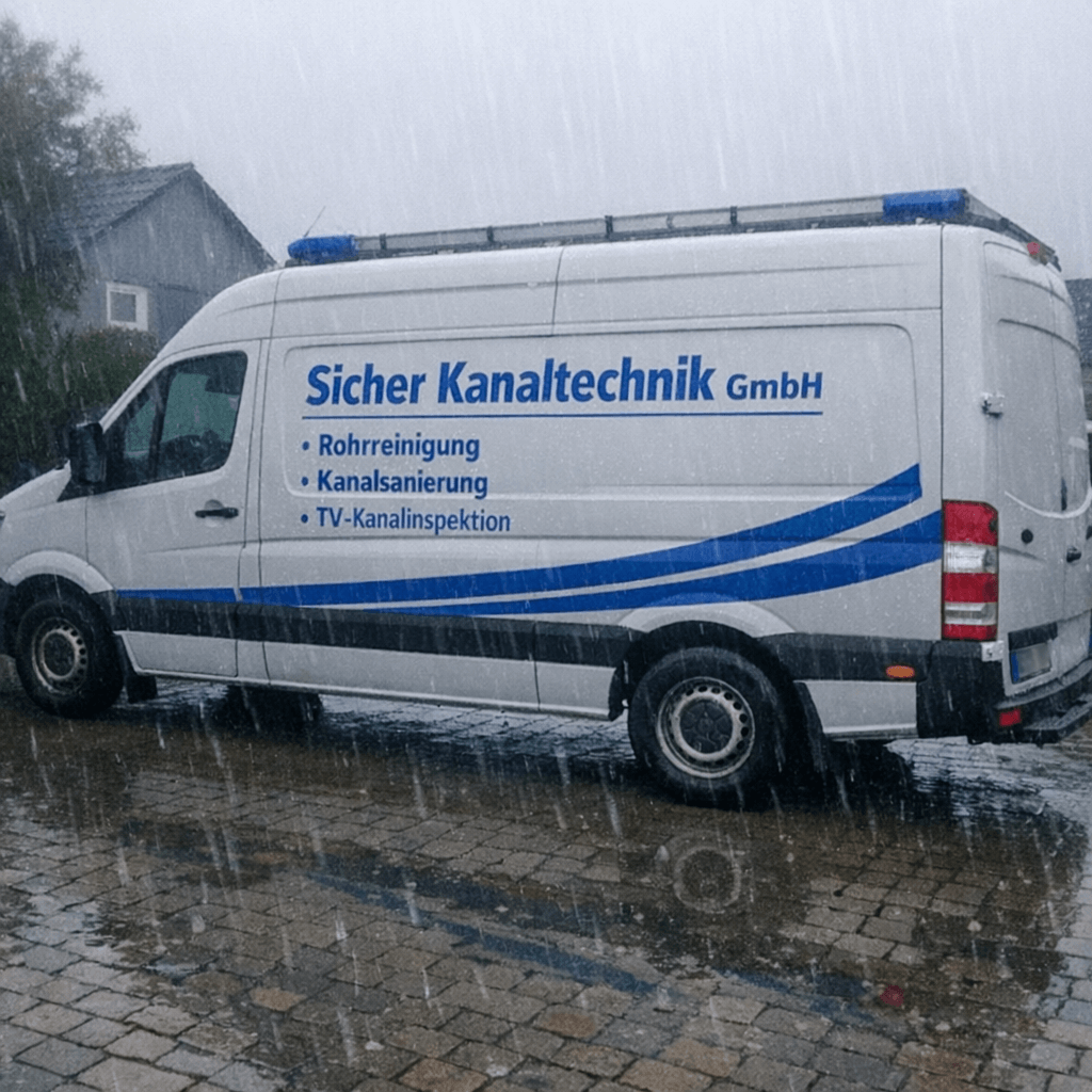 Techniker mit Hochdruckspülgerät vor einem Mehrfamilienhaus – Abwasserrohr Reinigung Moorwinkelsdamm