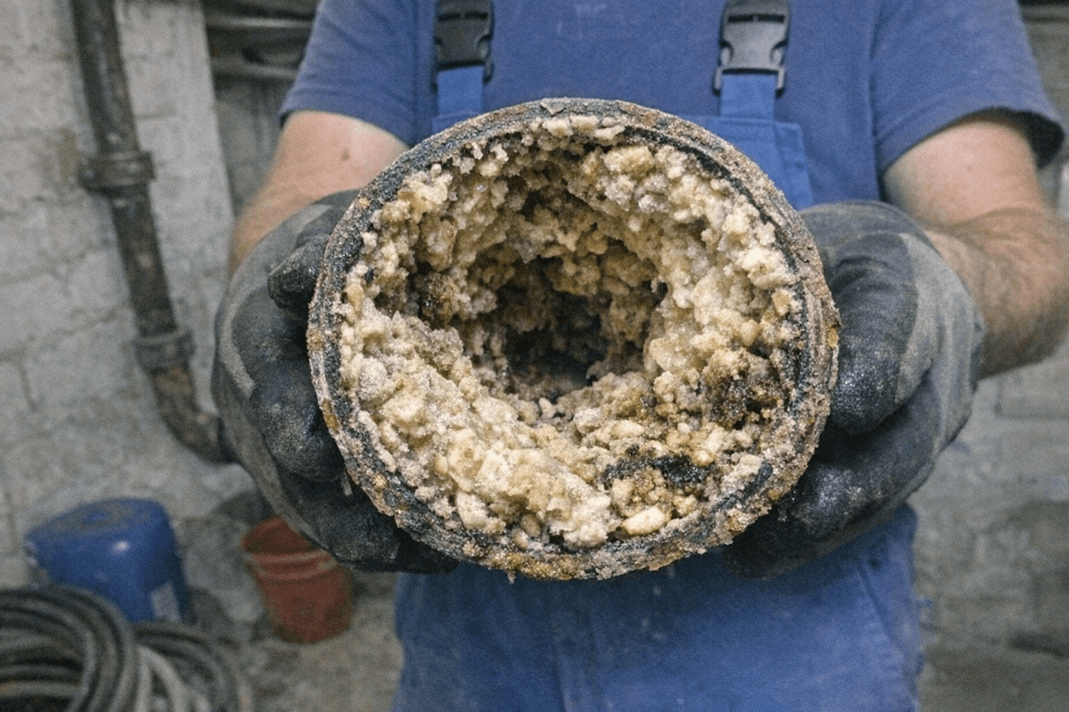 Nahaufnahme eines Rohrstücks mit Ablagerungsrand neben einem sauberen, freien Rohrstück auf einer Werkbank